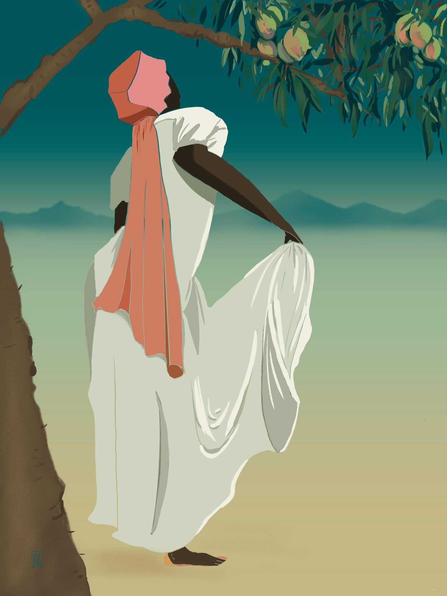 Peaceful woman sitting under a tree with peaches, digital art by Frank Hodelin.
