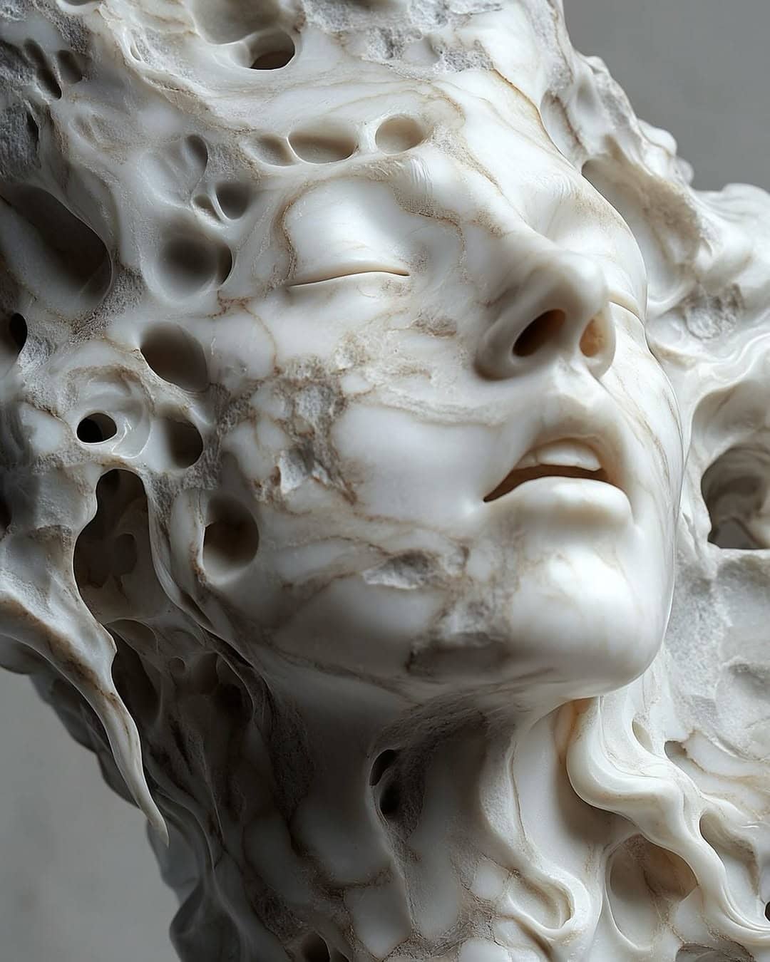 Intricate white marble sculpture of a serene face with detailed facial features and flowing textures.