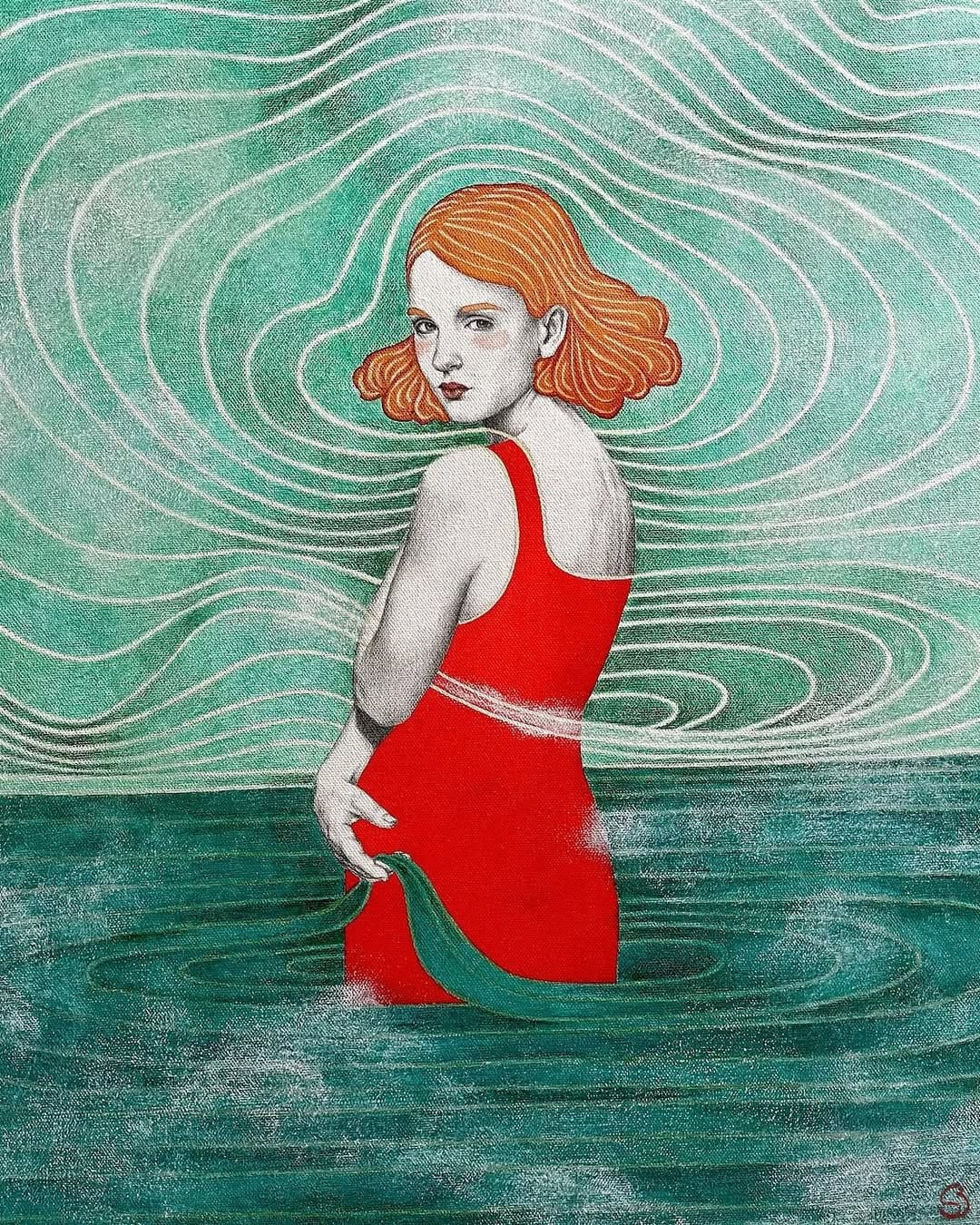 Red-haired woman in a red dress with a green mermaid tail, surrounded by swirling water and abstract background, digital art by Sam Desmet.