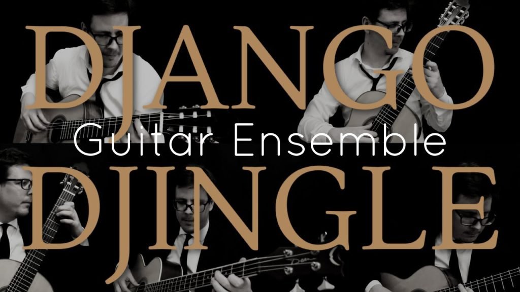 classical guitarist Sam Desmet performing his own piece Django Djingle for guitar ensemble