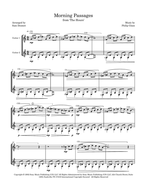 Philip Glass Morning Passages sheet music, page 1, arranged by Sam Desmet for two guitars