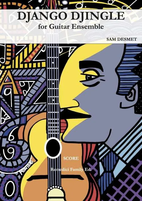 Django Djingle sheet music cover for guitar ensemble (4 guitars and bass), composed by Sam Desmet, inspired by Django Reinhardt gypsy jazz